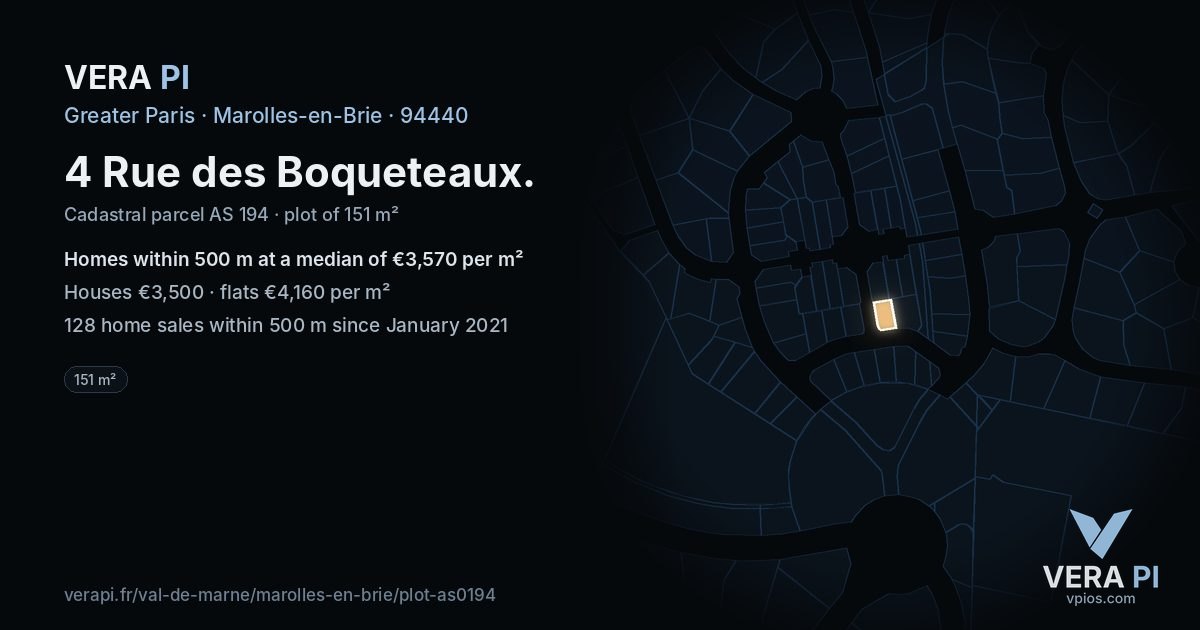 4 Rue des Boqueteaux, Marolles-en-Brie at night – the plot lit, the parcels around coloured by the prices near them