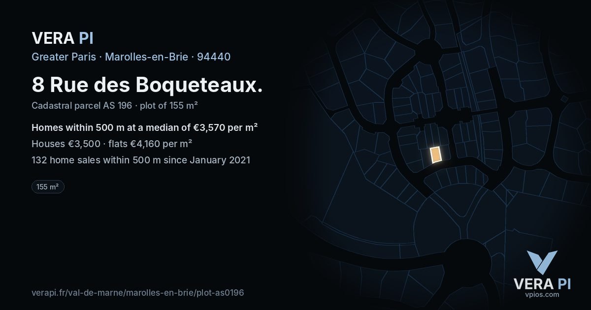 8 Rue des Boqueteaux, Marolles-en-Brie at night – the plot lit, the parcels around coloured by the prices near them
