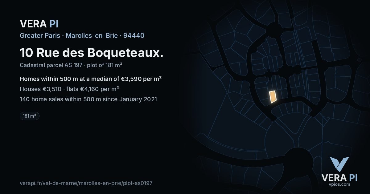 10 Rue des Boqueteaux, Marolles-en-Brie at night – the plot lit, the parcels around coloured by the prices near them