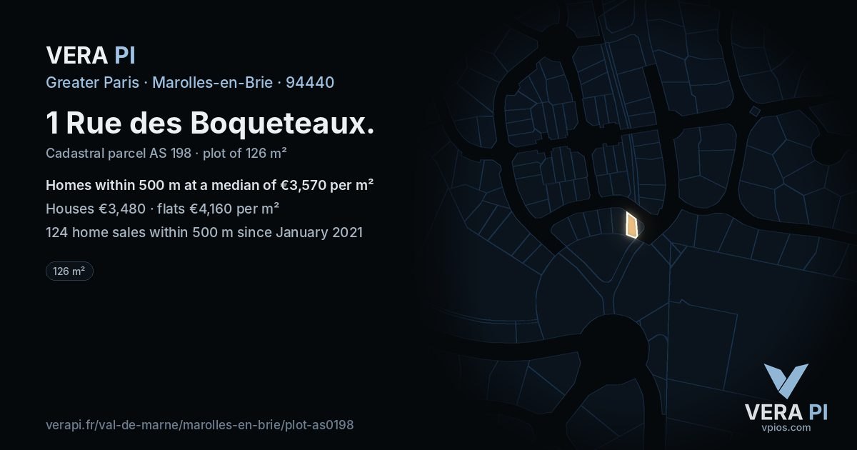 1 Rue des Boqueteaux, Marolles-en-Brie at night – the plot lit, the parcels around coloured by the prices near them
