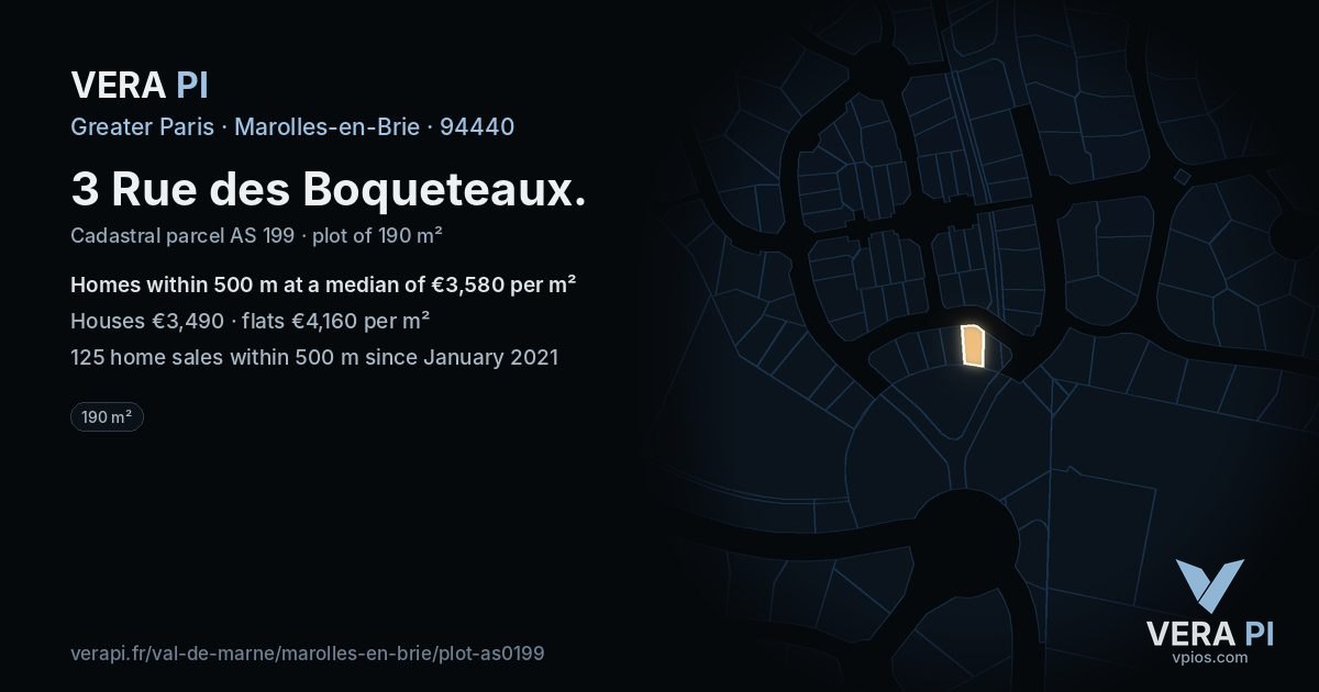 3 Rue des Boqueteaux, Marolles-en-Brie at night – the plot lit, the parcels around coloured by the prices near them