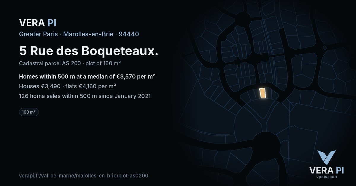 5 Rue des Boqueteaux, Marolles-en-Brie at night – the plot lit, the parcels around coloured by the prices near them