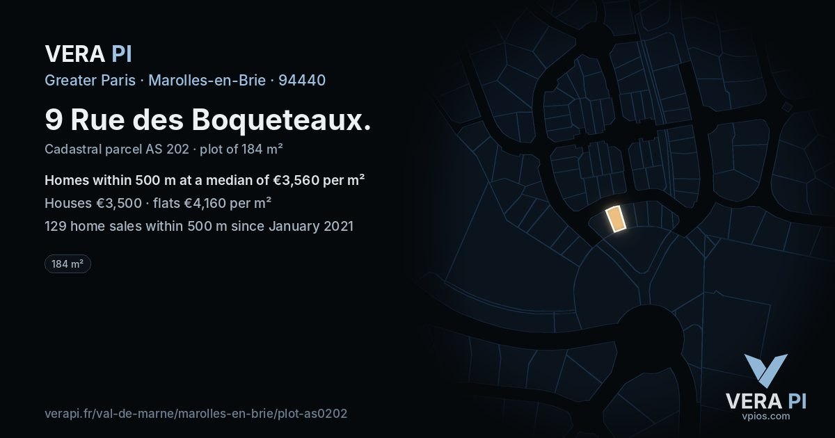 9 Rue des Boqueteaux, Marolles-en-Brie at night – the plot lit, the parcels around coloured by the prices near them
