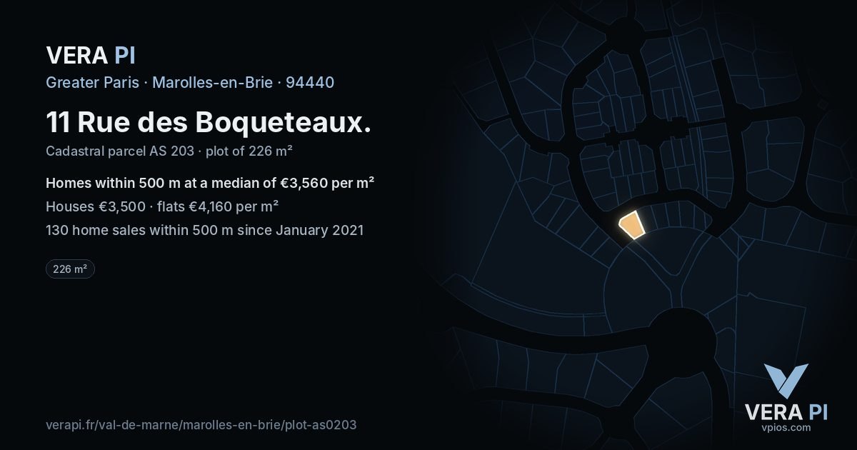 11 Rue des Boqueteaux, Marolles-en-Brie at night – the plot lit, the parcels around coloured by the prices near them