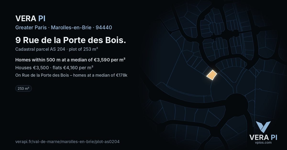 9 Rue de la Porte des Bois, Marolles-en-Brie at night – the plot lit, the parcels around coloured by the prices near them