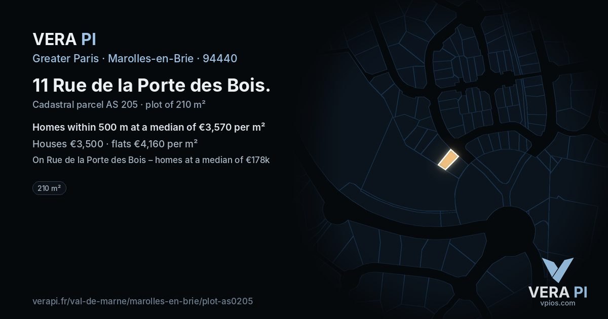 11 Rue de la Porte des Bois, Marolles-en-Brie at night – the plot lit, the parcels around coloured by the prices near them
