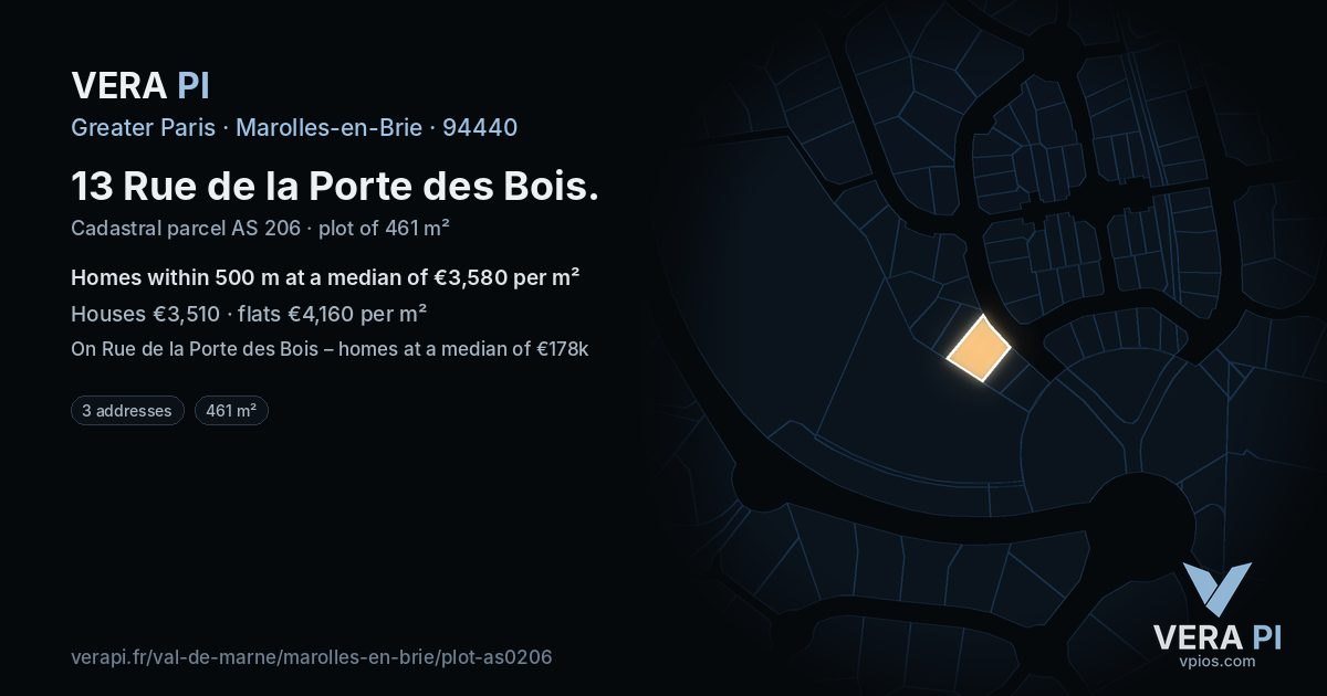 13 Rue de la Porte des Bois, Marolles-en-Brie at night – the plot lit, the parcels around coloured by the prices near them