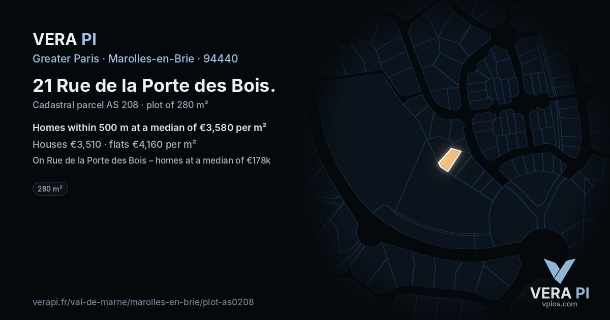 21 Rue de la Porte des Bois, Marolles-en-Brie at night – the plot lit, the parcels around coloured by the prices near them