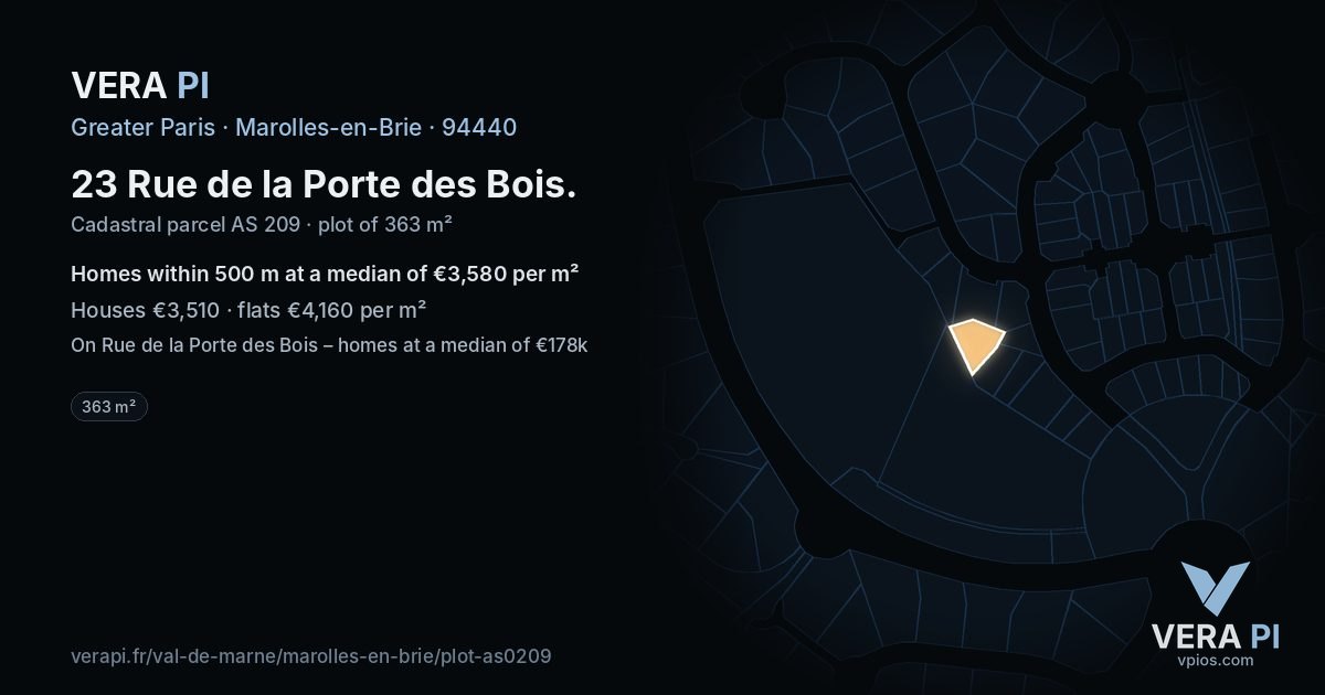 23 Rue de la Porte des Bois, Marolles-en-Brie at night – the plot lit, the parcels around coloured by the prices near them