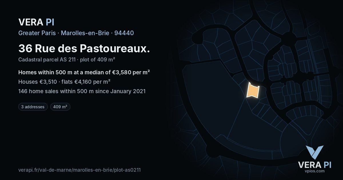 36 Rue des Pastoureaux, Marolles-en-Brie at night – the plot lit, the parcels around coloured by the prices near them
