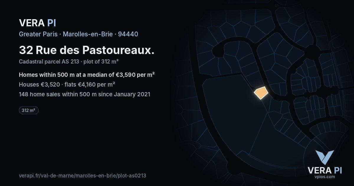 32 Rue des Pastoureaux, Marolles-en-Brie at night – the plot lit, the parcels around coloured by the prices near them