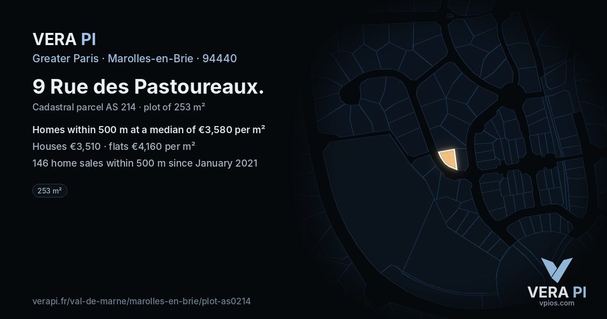9 Rue des Pastoureaux, Marolles-en-Brie at night – the plot lit, the parcels around coloured by the prices near them