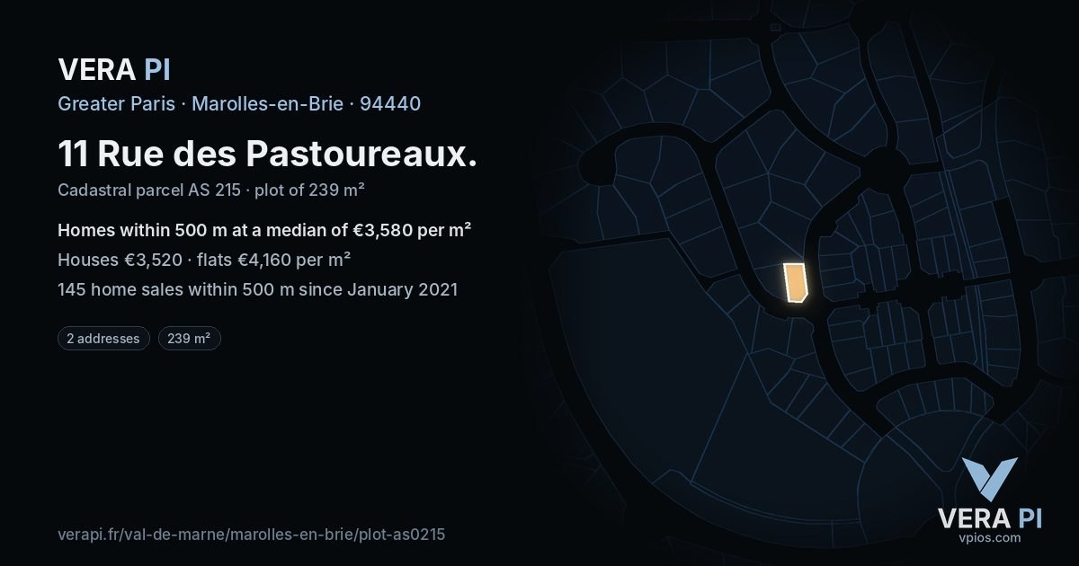 11 Rue des Pastoureaux, Marolles-en-Brie at night – the plot lit, the parcels around coloured by the prices near them