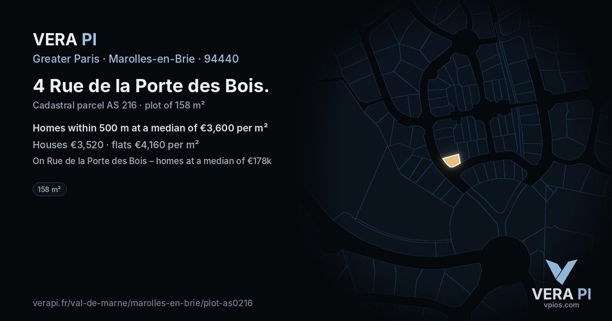 4 Rue de la Porte des Bois, Marolles-en-Brie at night – the plot lit, the parcels around coloured by the prices near them
