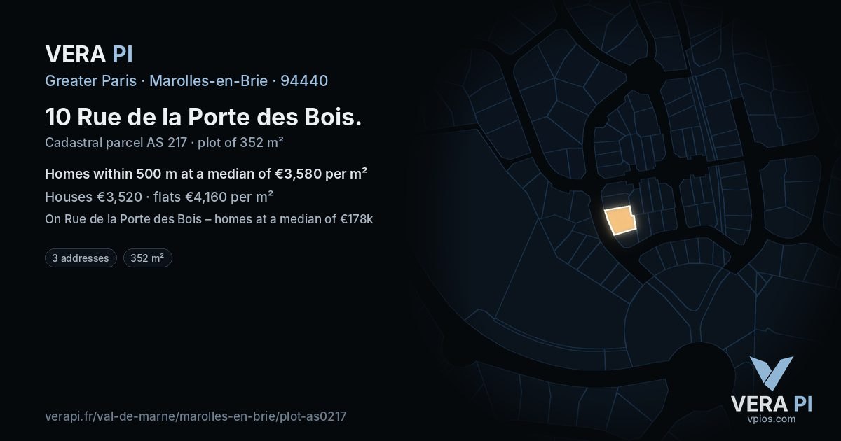 10 Rue de la Porte des Bois, Marolles-en-Brie at night – the plot lit, the parcels around coloured by the prices near them
