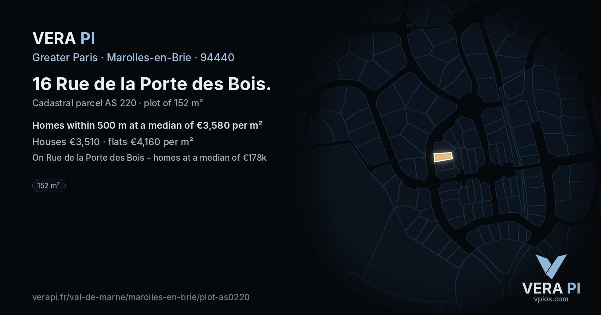 16 Rue de la Porte des Bois, Marolles-en-Brie at night – the plot lit, the parcels around coloured by the prices near them
