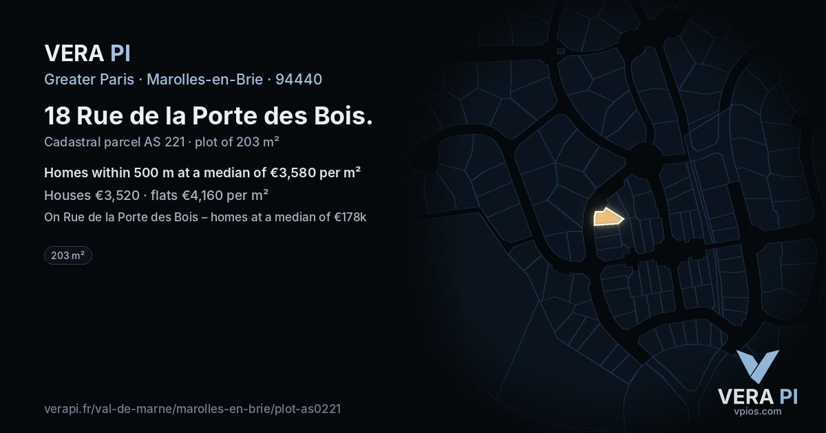 18 Rue de la Porte des Bois, Marolles-en-Brie at night – the plot lit, the parcels around coloured by the prices near them