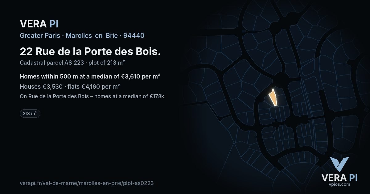 22 Rue de la Porte des Bois, Marolles-en-Brie at night – the plot lit, the parcels around coloured by the prices near them