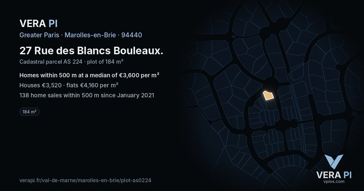 27 Rue des Blancs Bouleaux, Marolles-en-Brie at night – the plot lit, the parcels around coloured by the prices near them
