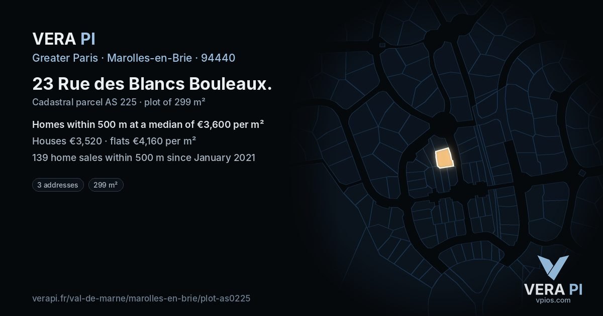 23 Rue des Blancs Bouleaux, Marolles-en-Brie at night – the plot lit, the parcels around coloured by the prices near them