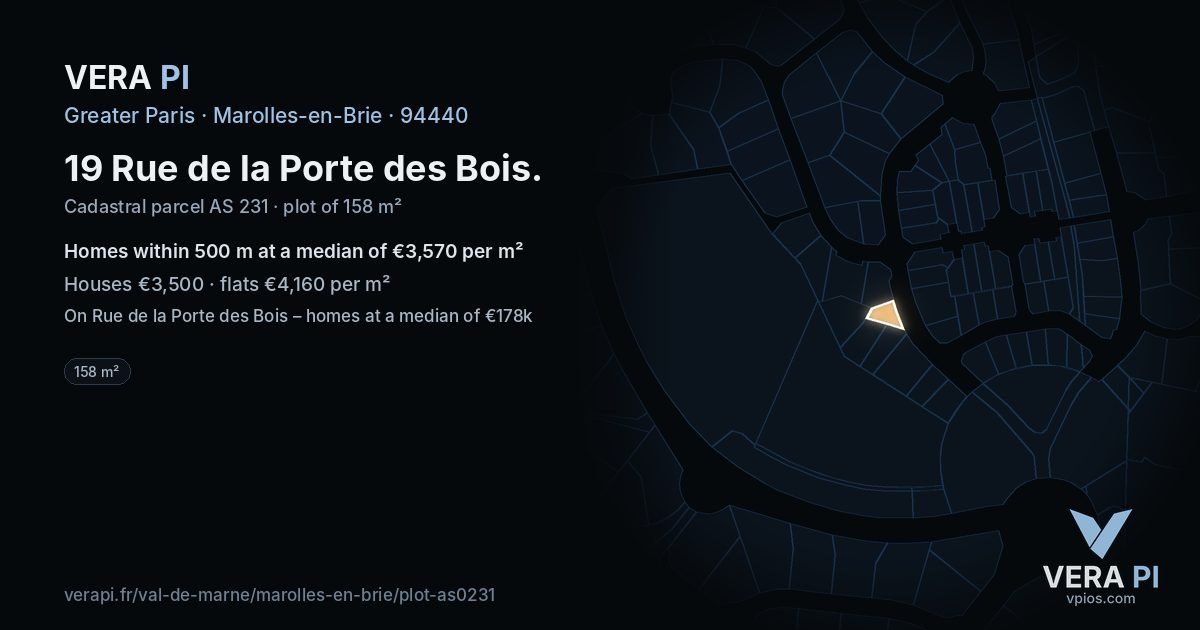19 Rue de la Porte des Bois, Marolles-en-Brie at night – the plot lit, the parcels around coloured by the prices near them