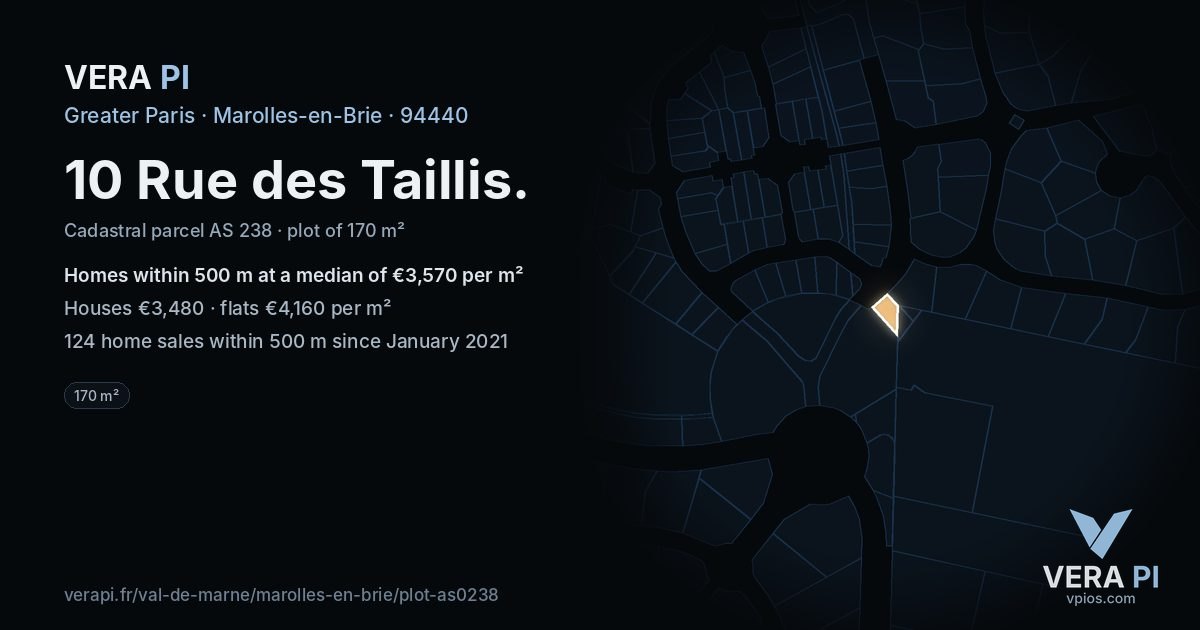10 Rue des Taillis, Marolles-en-Brie at night – the plot lit, the parcels around coloured by the prices near them