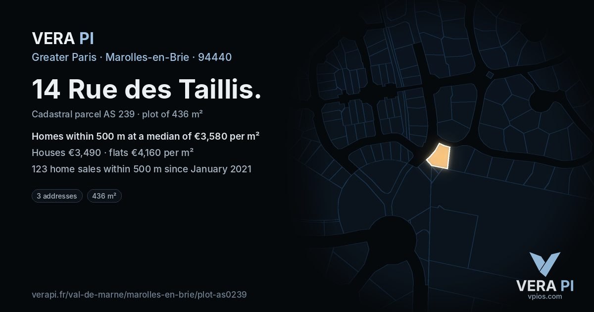 14 Rue des Taillis, Marolles-en-Brie at night – the plot lit, the parcels around coloured by the prices near them
