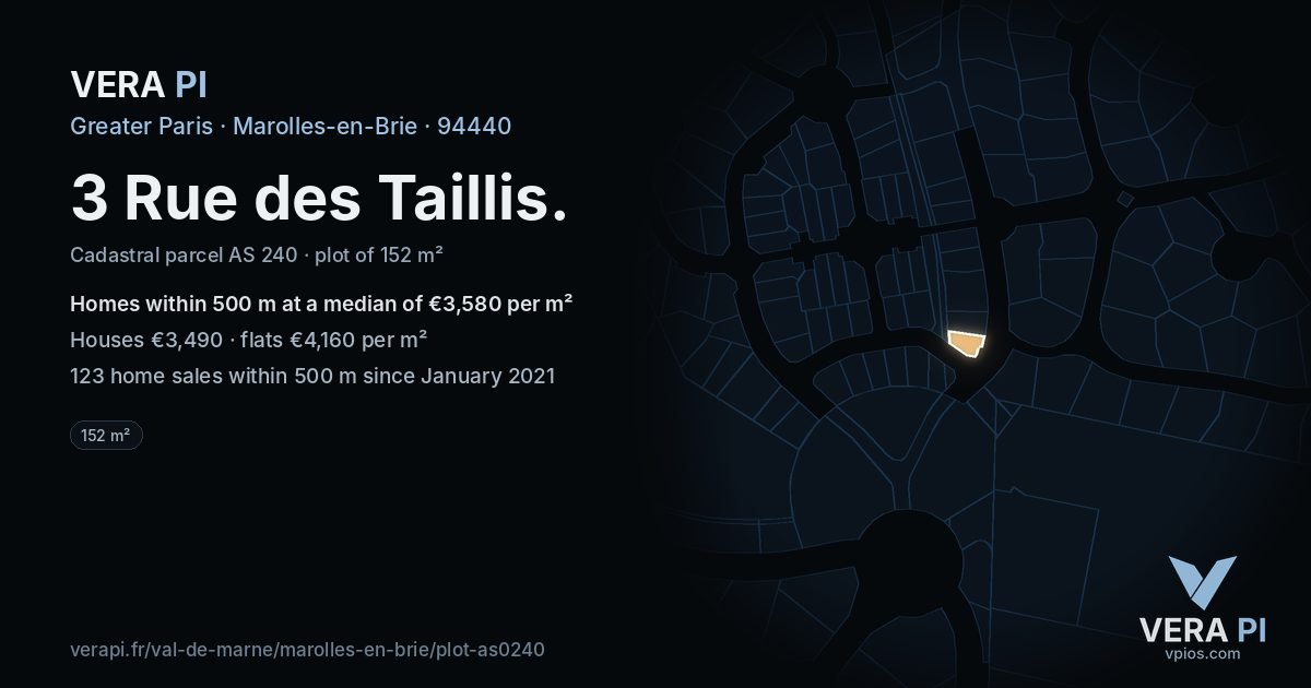 3 Rue des Taillis, Marolles-en-Brie at night – the plot lit, the parcels around coloured by the prices near them