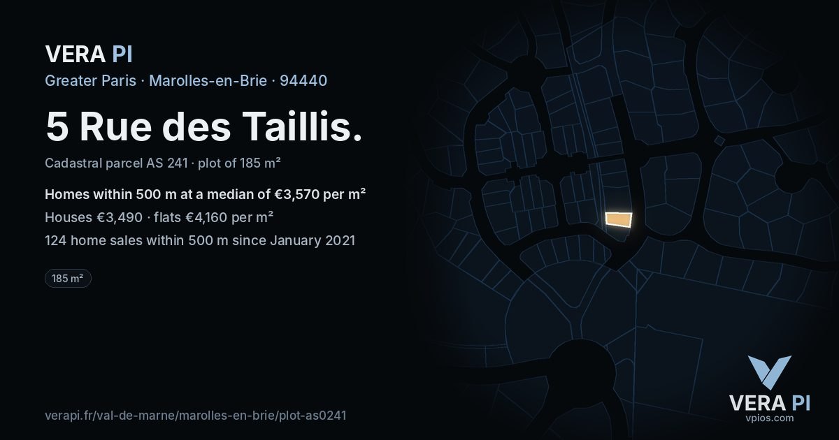 5 Rue des Taillis, Marolles-en-Brie at night – the plot lit, the parcels around coloured by the prices near them