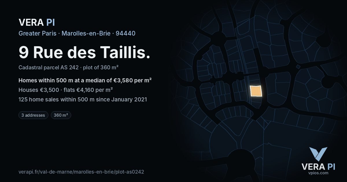 9 Rue des Taillis, Marolles-en-Brie at night – the plot lit, the parcels around coloured by the prices near them
