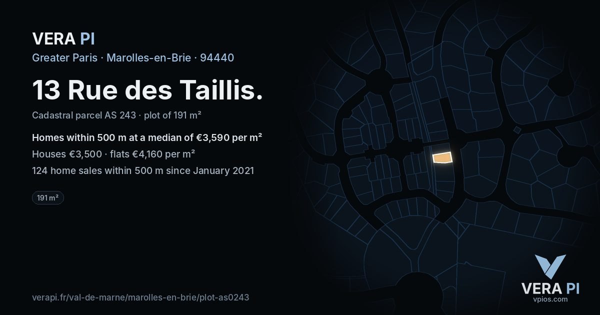 13 Rue des Taillis, Marolles-en-Brie at night – the plot lit, the parcels around coloured by the prices near them