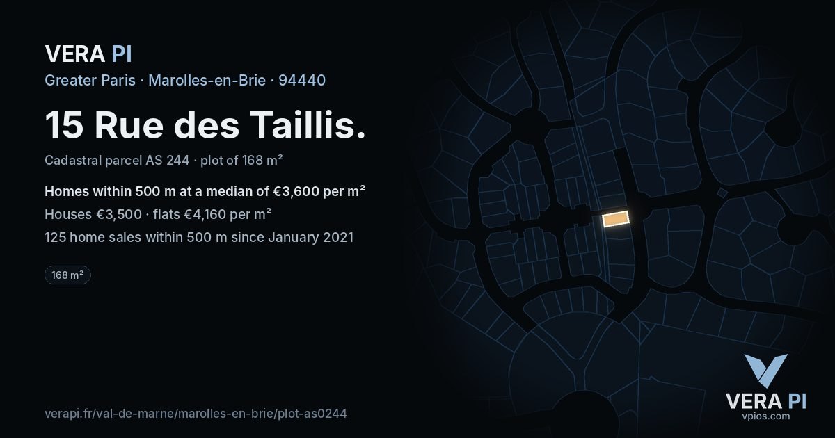 15 Rue des Taillis, Marolles-en-Brie at night – the plot lit, the parcels around coloured by the prices near them