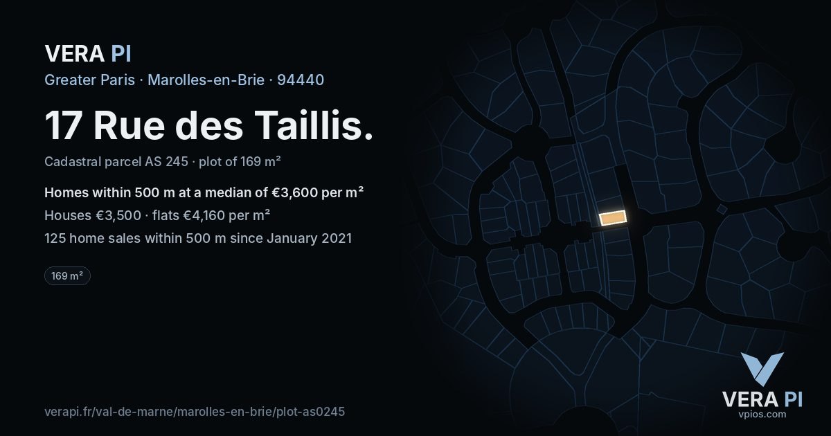 17 Rue des Taillis, Marolles-en-Brie at night – the plot lit, the parcels around coloured by the prices near them