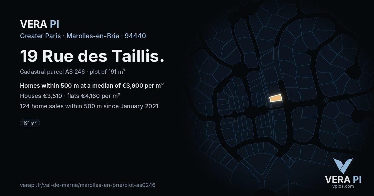 19 Rue des Taillis, Marolles-en-Brie at night – the plot lit, the parcels around coloured by the prices near them