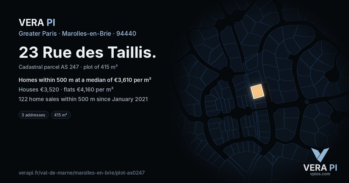 23 Rue des Taillis, Marolles-en-Brie at night – the plot lit, the parcels around coloured by the prices near them