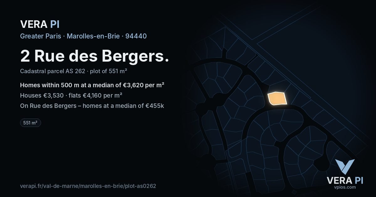 2 Rue des Bergers, Marolles-en-Brie at night – the plot lit, the parcels around coloured by the prices near them