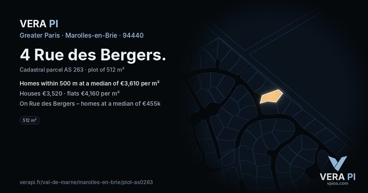 4 Rue des Bergers, Marolles-en-Brie at night – the plot lit, the parcels around coloured by the prices near them