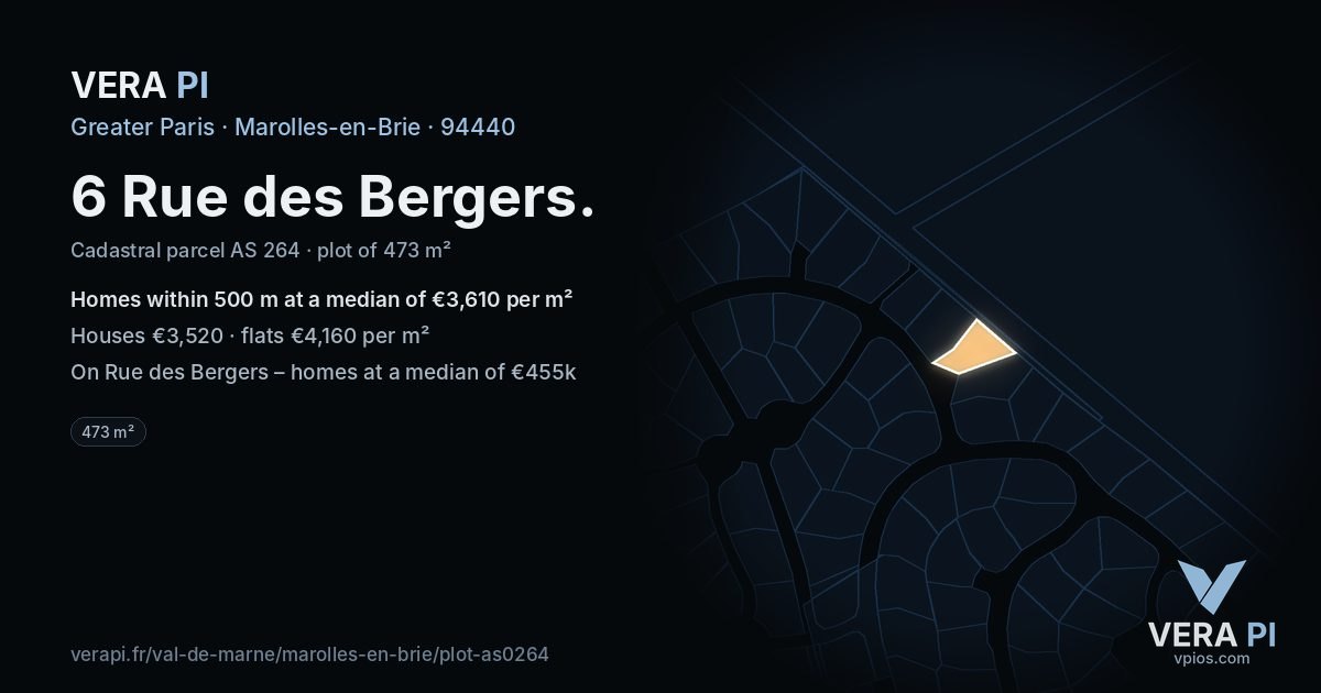 6 Rue des Bergers, Marolles-en-Brie at night – the plot lit, the parcels around coloured by the prices near them