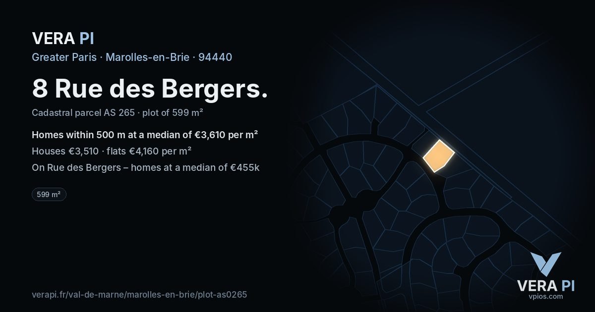 8 Rue des Bergers, Marolles-en-Brie at night – the plot lit, the parcels around coloured by the prices near them