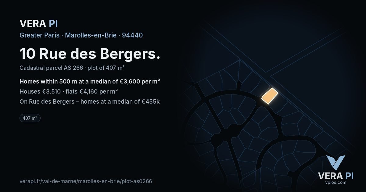 10 Rue des Bergers, Marolles-en-Brie at night – the plot lit, the parcels around coloured by the prices near them