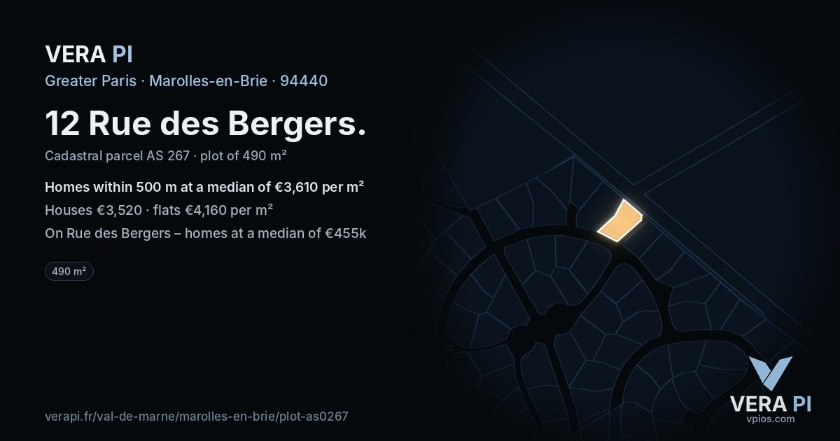 12 Rue des Bergers, Marolles-en-Brie at night – the plot lit, the parcels around coloured by the prices near them
