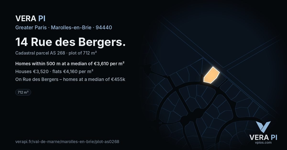 14 Rue des Bergers, Marolles-en-Brie at night – the plot lit, the parcels around coloured by the prices near them
