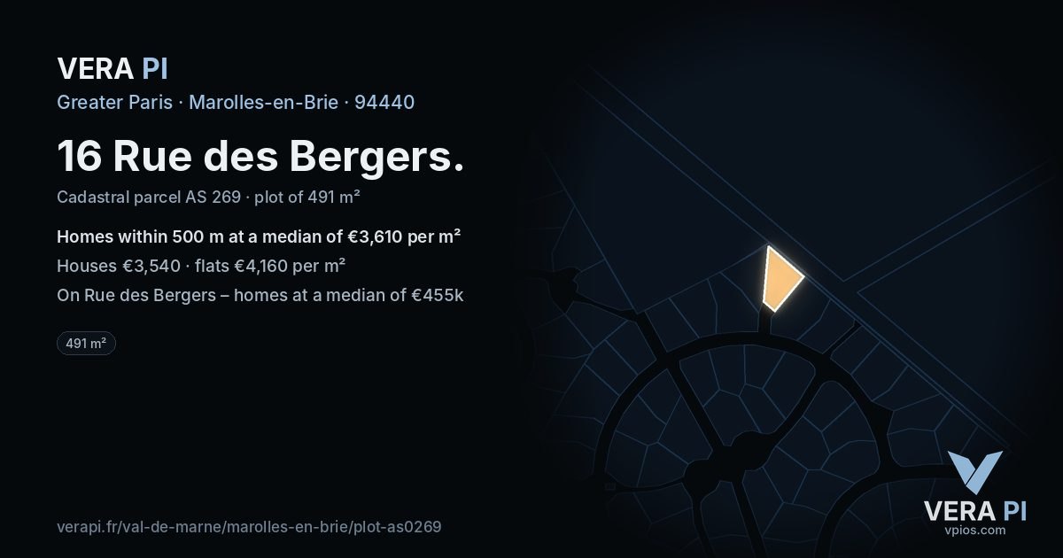 16 Rue des Bergers, Marolles-en-Brie at night – the plot lit, the parcels around coloured by the prices near them