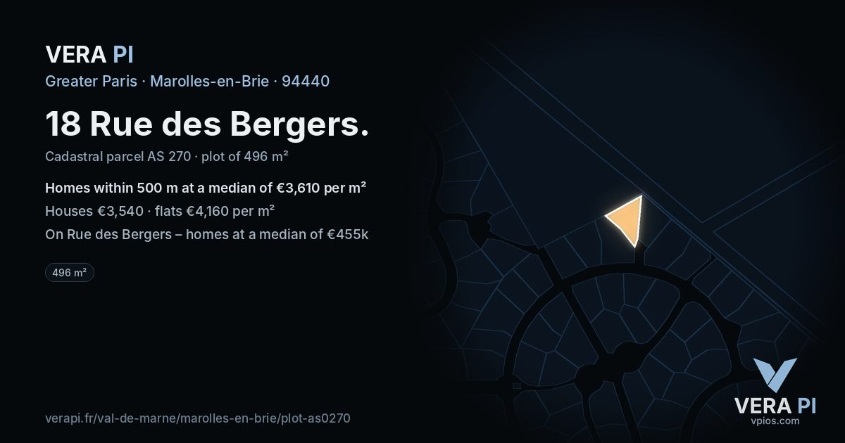 18 Rue des Bergers, Marolles-en-Brie at night – the plot lit, the parcels around coloured by the prices near them