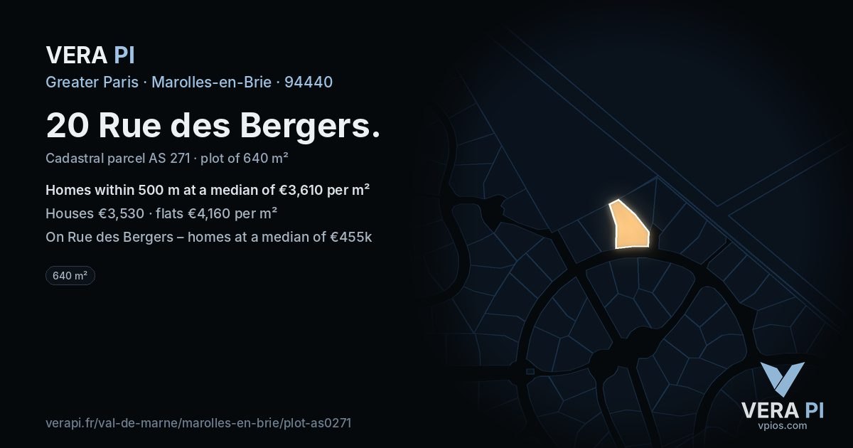 20 Rue des Bergers, Marolles-en-Brie at night – the plot lit, the parcels around coloured by the prices near them