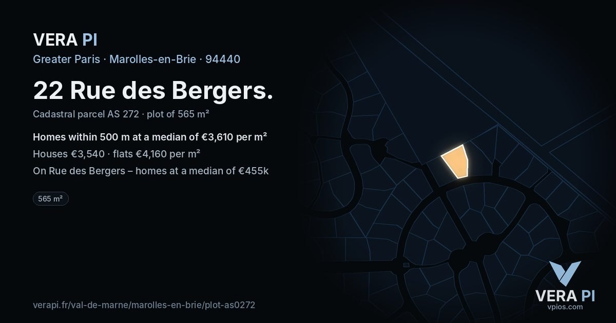 22 Rue des Bergers, Marolles-en-Brie at night – the plot lit, the parcels around coloured by the prices near them