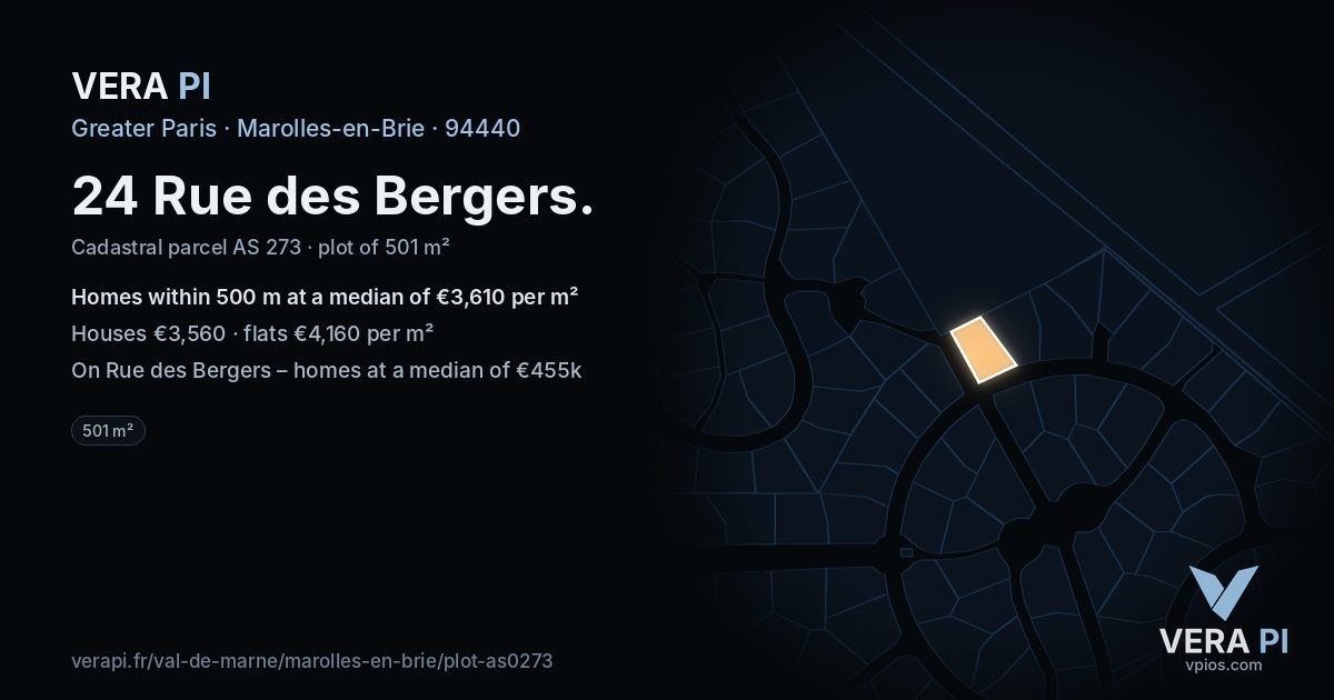 24 Rue des Bergers, Marolles-en-Brie at night – the plot lit, the parcels around coloured by the prices near them