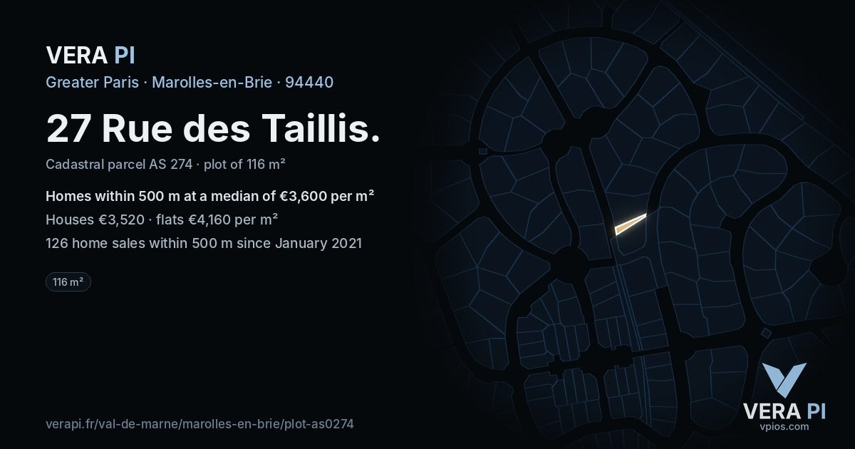 27 Rue des Taillis, Marolles-en-Brie at night – the plot lit, the parcels around coloured by the prices near them
