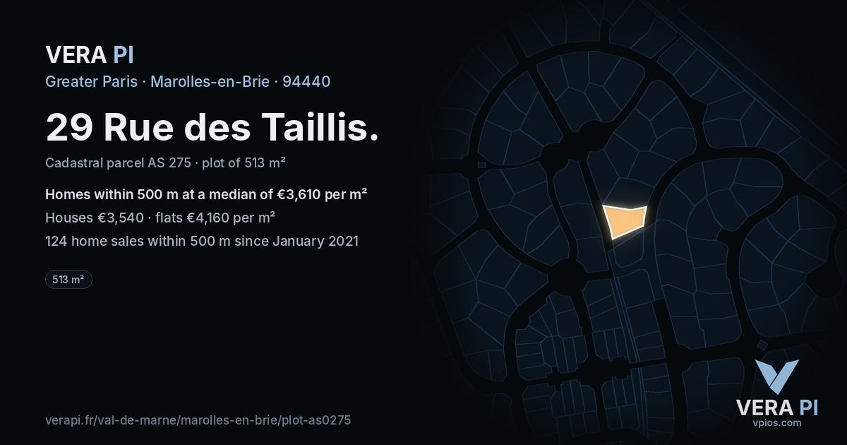 29 Rue des Taillis, Marolles-en-Brie at night – the plot lit, the parcels around coloured by the prices near them