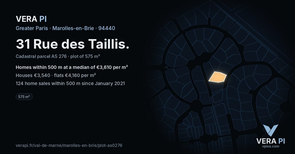 31 Rue des Taillis, Marolles-en-Brie at night – the plot lit, the parcels around coloured by the prices near them